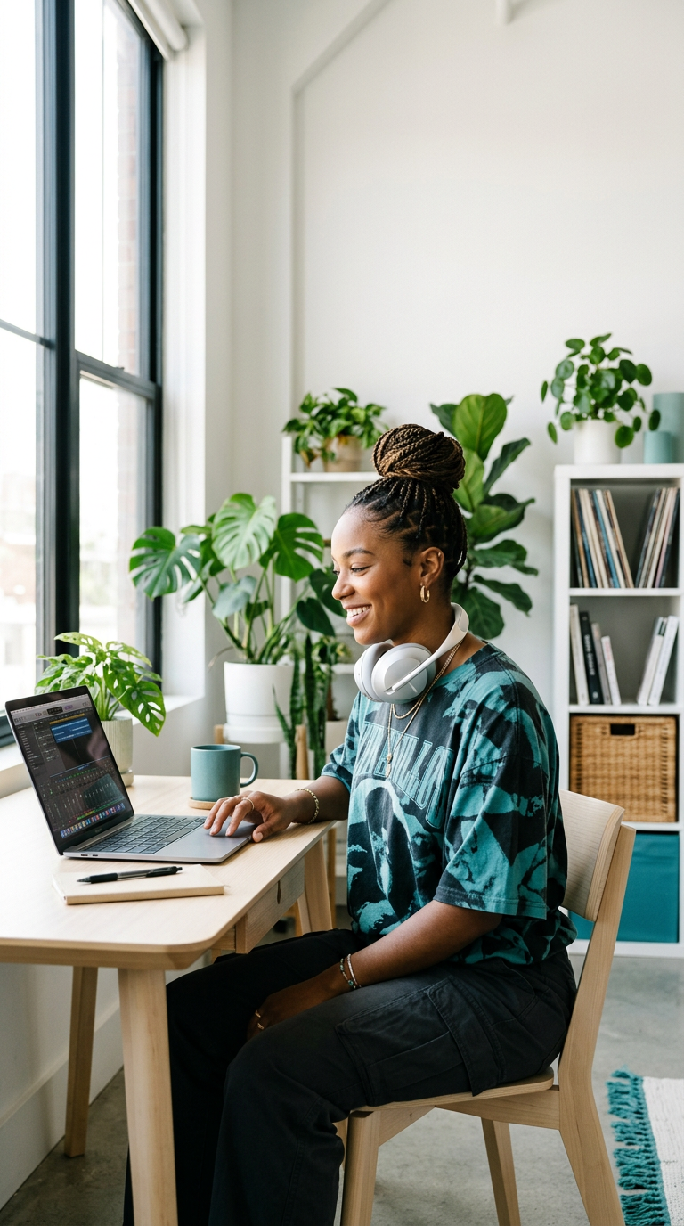 A young music artist with headphones smiling at her laptop in a bright, plant-filled loft