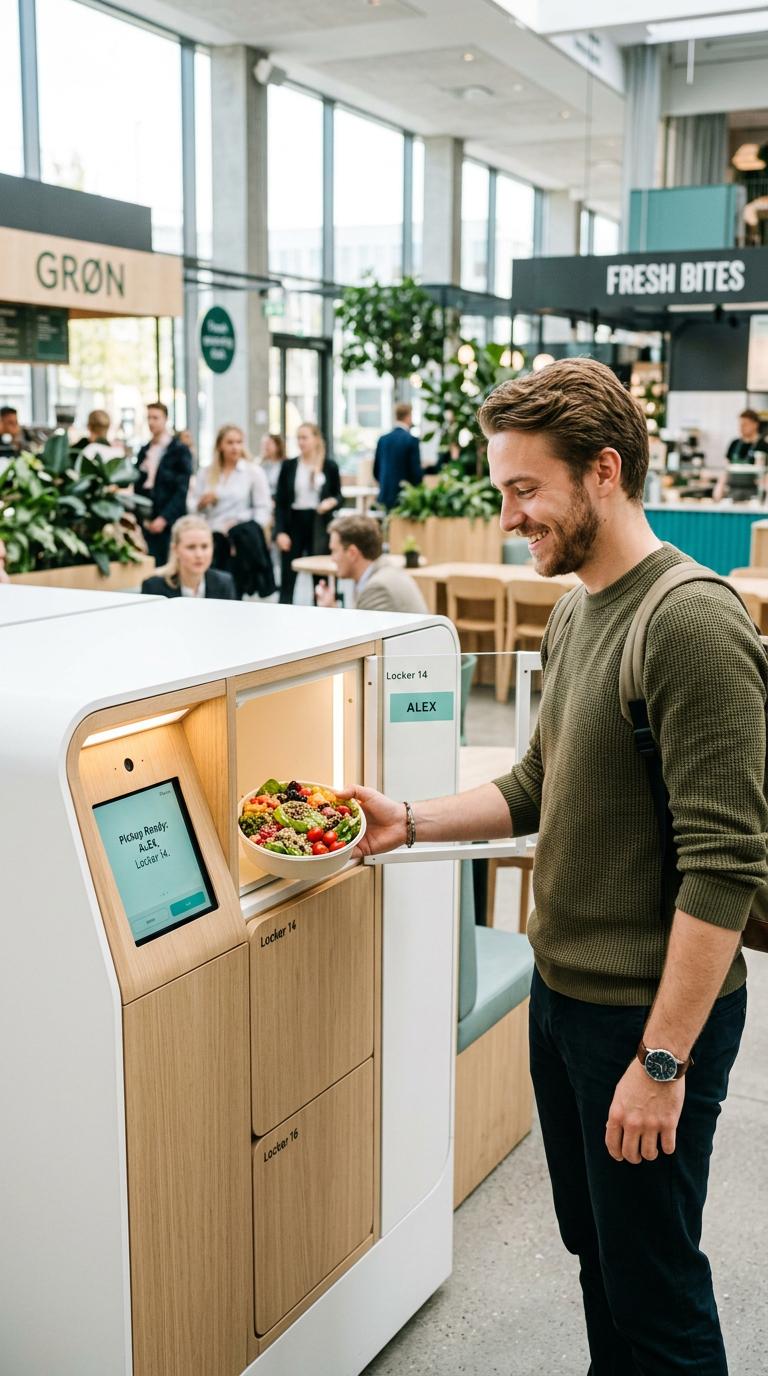 A smiling young man picking up a fresh salad bowl from a smart automated pickup station in a modern food hall