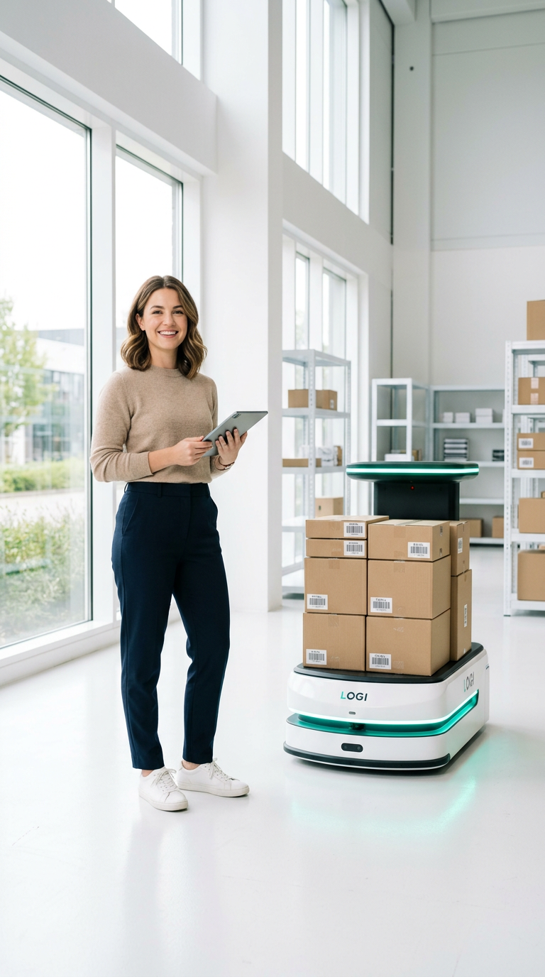 A smiling young professional with a tablet next to an autonomous mobile robot carrying boxes in a bright, modern space